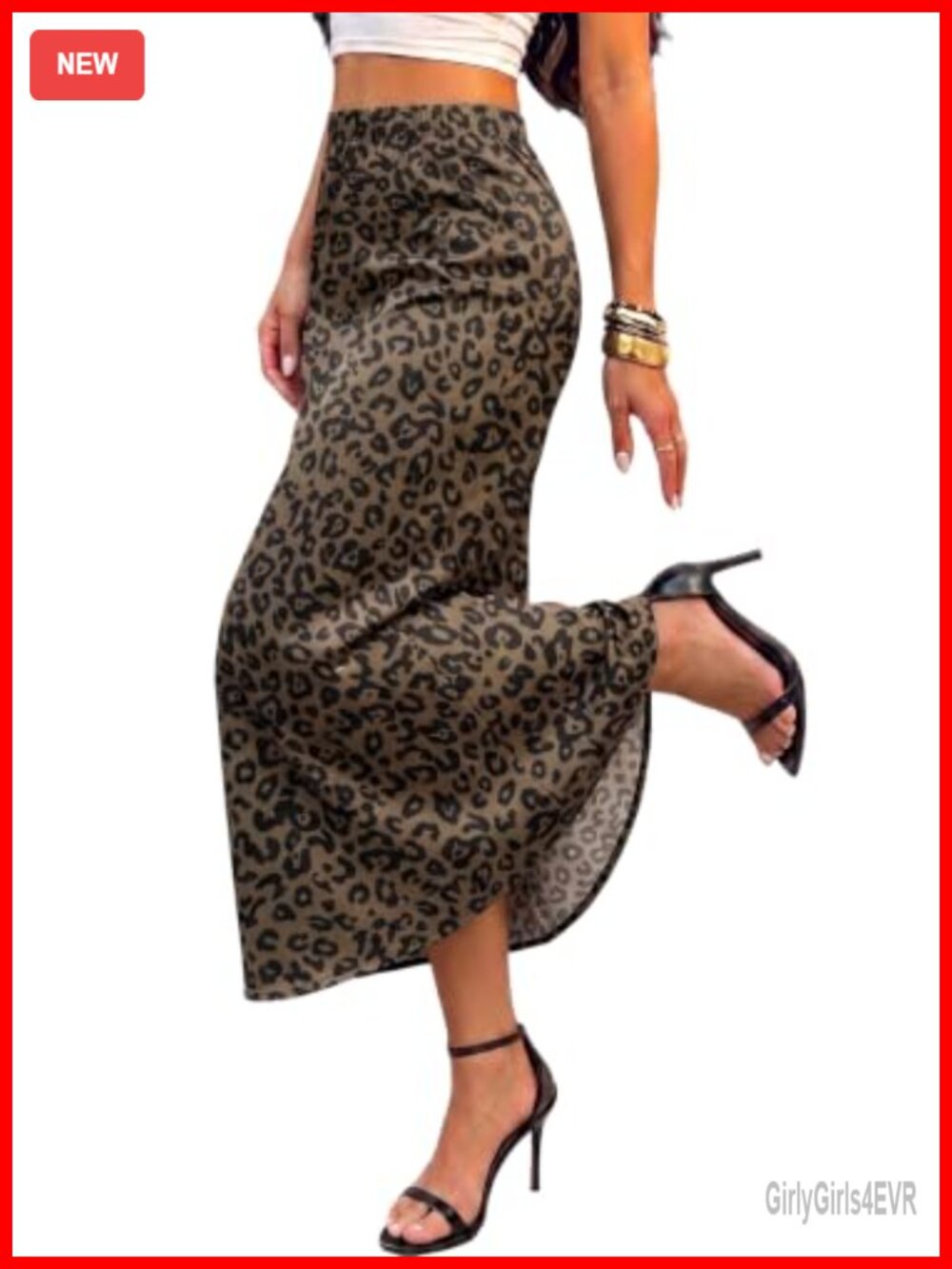Satin Midi Skirt Elastic High Waist A-Line Animal Print